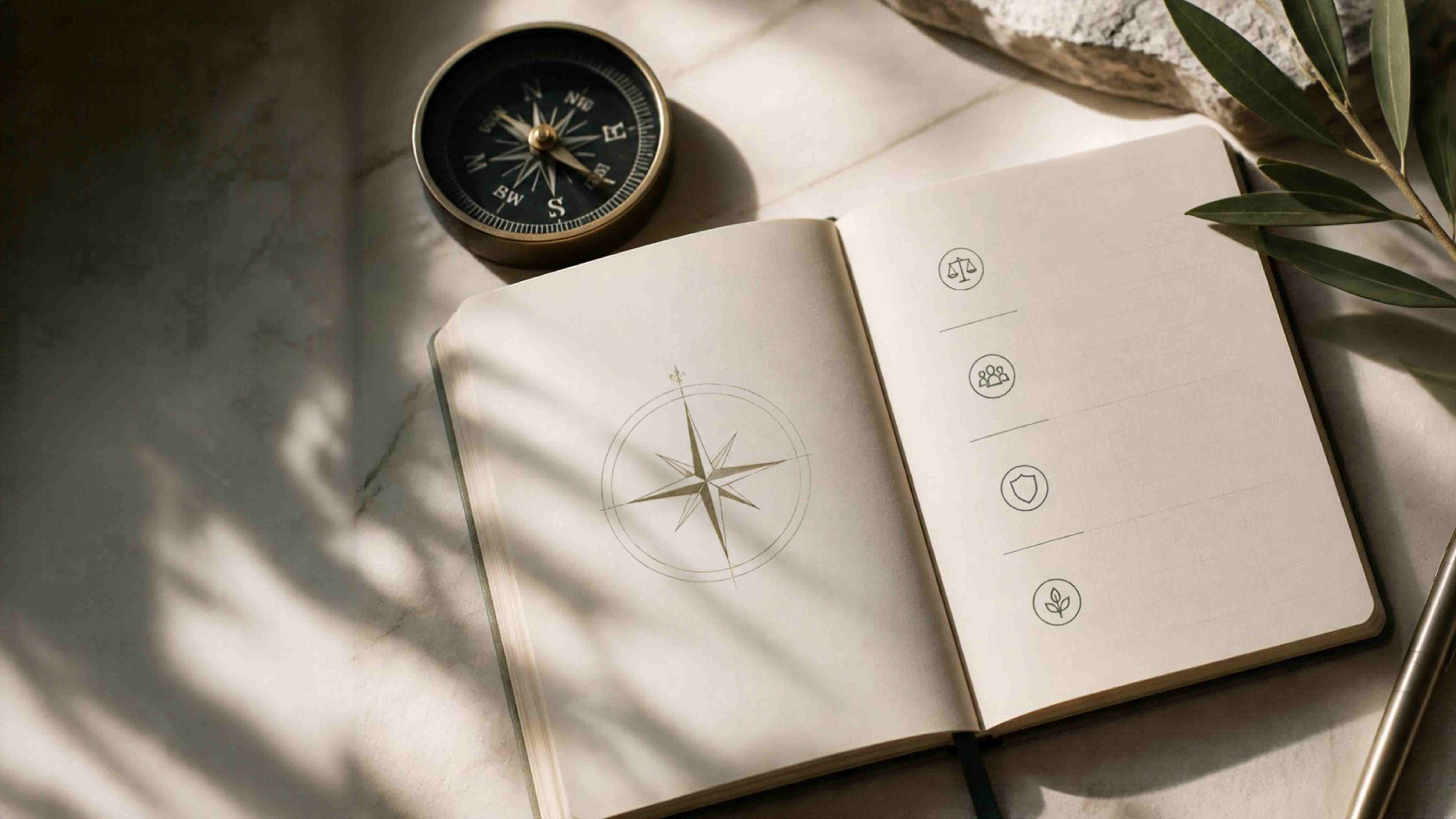 Notebook, compass and decision notes representing thoughtful AI direction